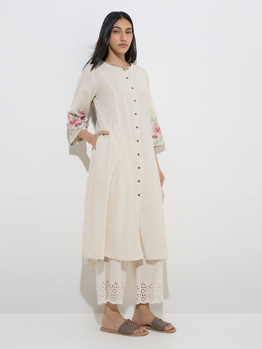 Utsa Off-White Floral Design A-Line Cotton-Blend Kurta