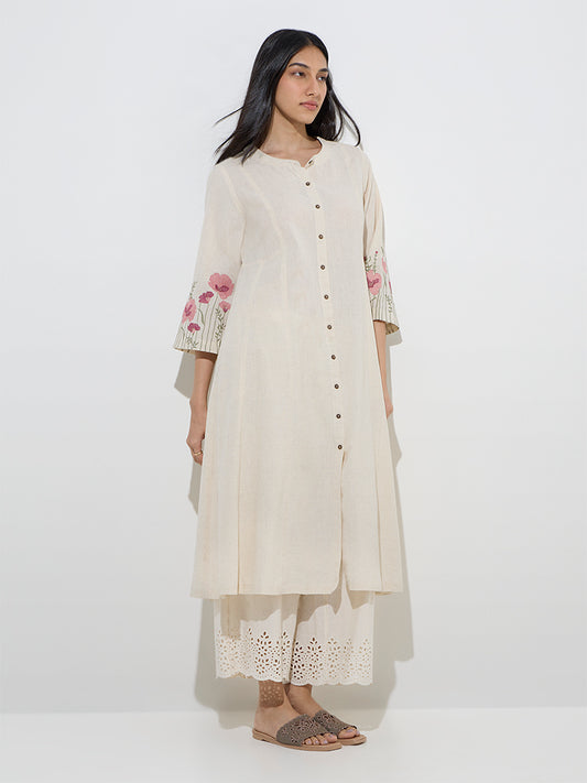 Utsa Off-White Floral Design A-Line Cotton-Blend Kurta