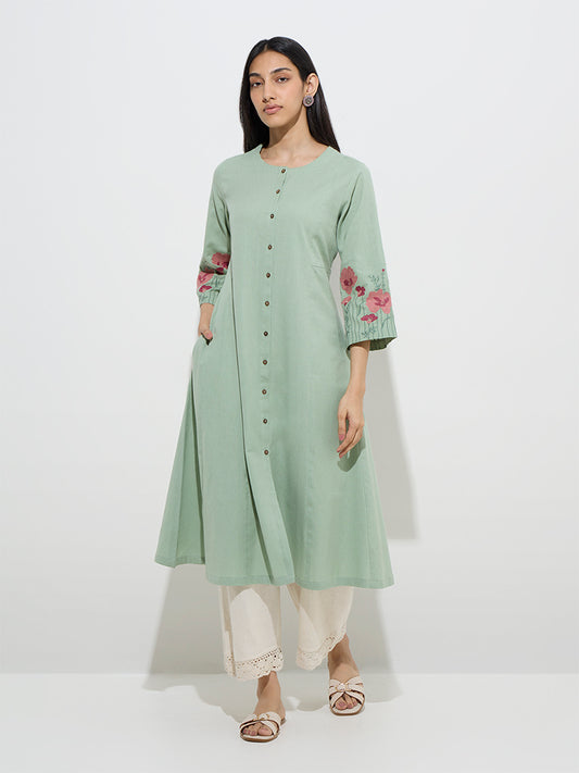 Utsa Sage Floral Embroidered A-Line Cotton-Blend Kurta