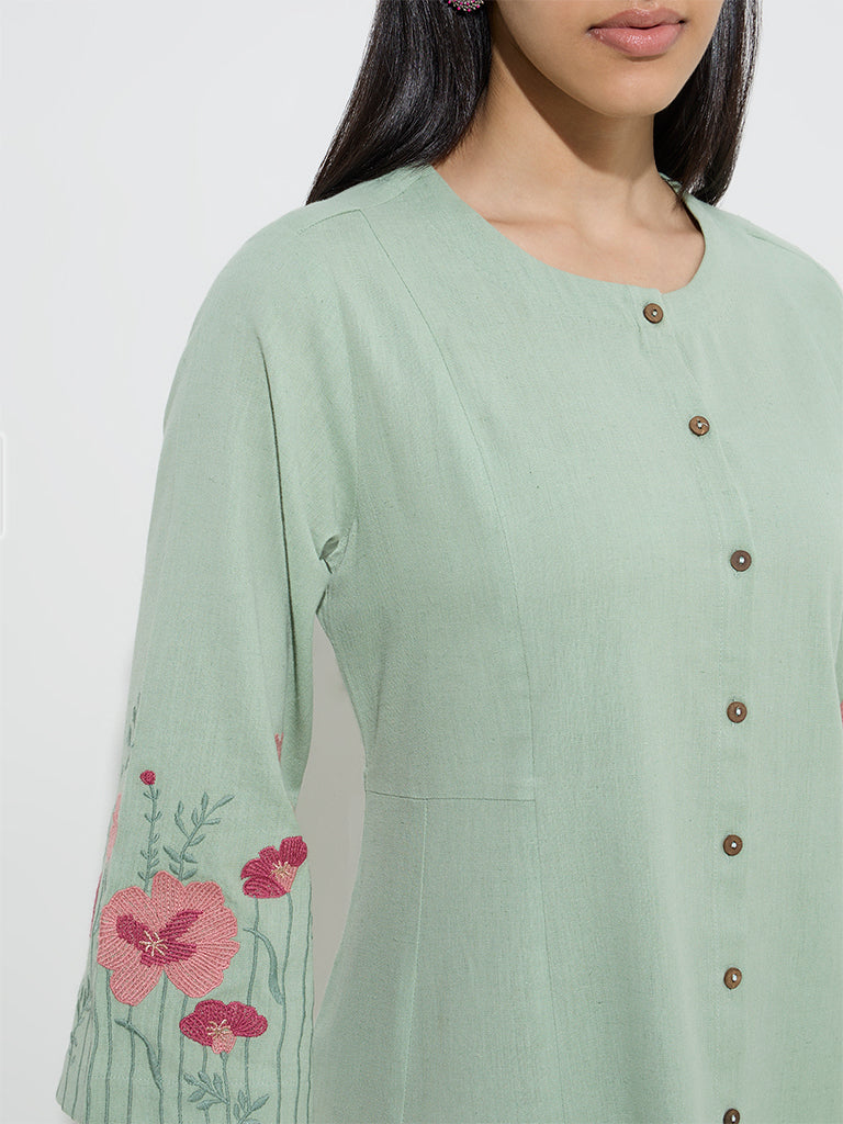 Utsa Sage Floral Embroidered A-Line Cotton-Blend Kurta