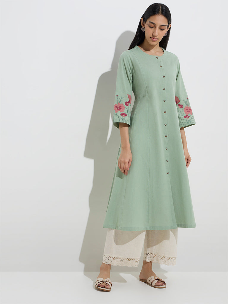 Utsa Sage Floral Embroidered A-Line Cotton-Blend Kurta