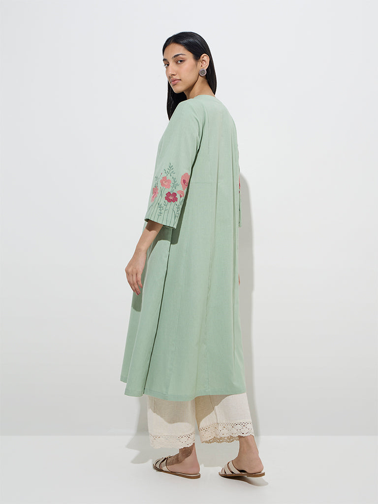 Utsa Sage Floral Embroidered A-Line Cotton-Blend Kurta