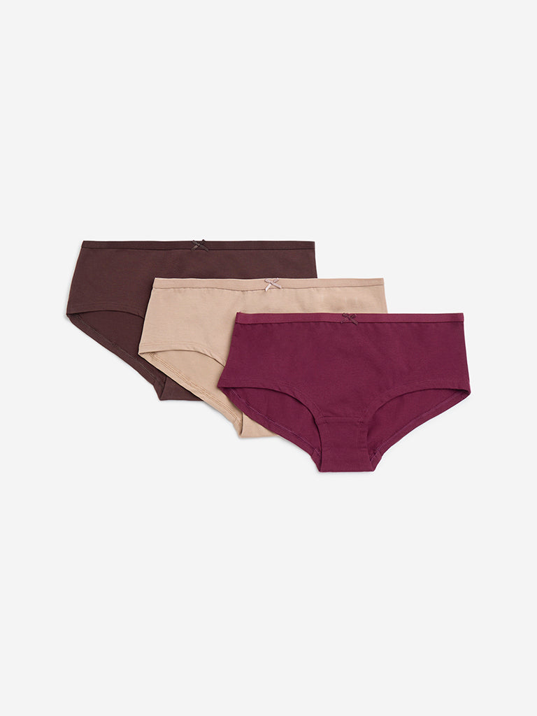 Wunderlove Plum Solid Cotton-Blend Briefs - Pack of 3