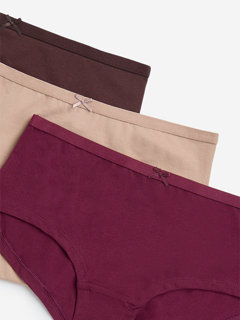 Wunderlove Plum Solid Cotton-Blend Briefs - Pack of 3