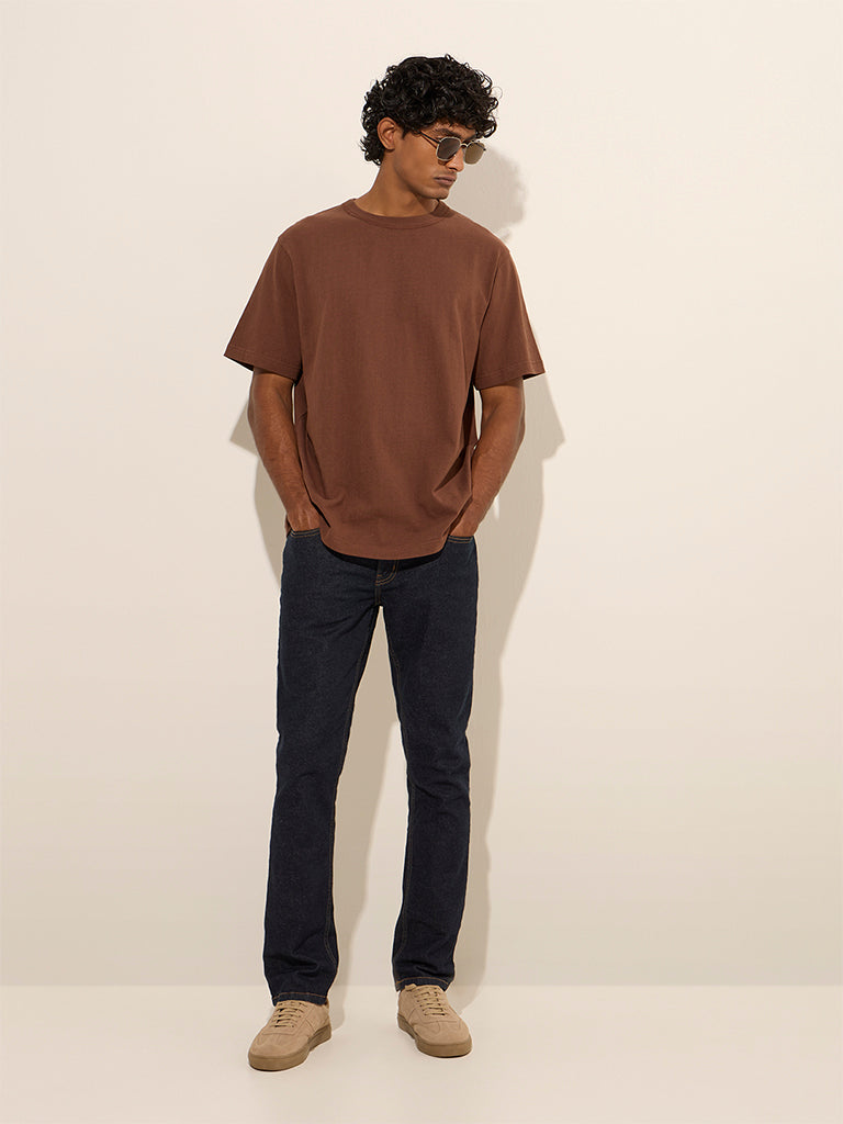 WES Casuals Brown Relaxed Fit Cotton T-Shirt