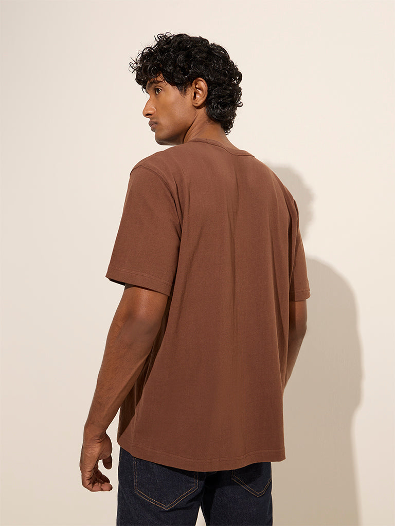 WES Casuals Brown Relaxed Fit Cotton T-Shirt