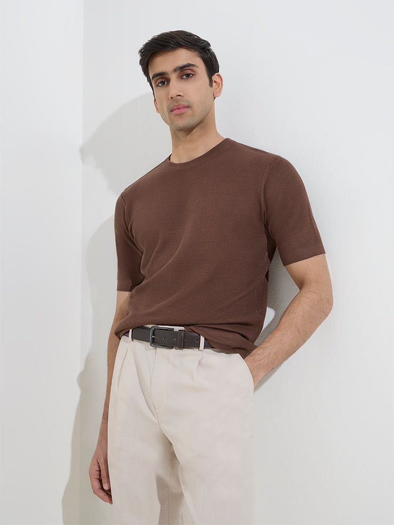 WES Formals Dark Brown Knit-Textured Slim-Fit T-Shirt