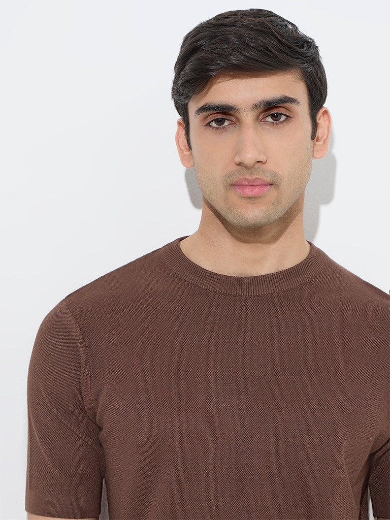 WES Formals Dark Brown Knit-Textured Slim-Fit T-Shirt