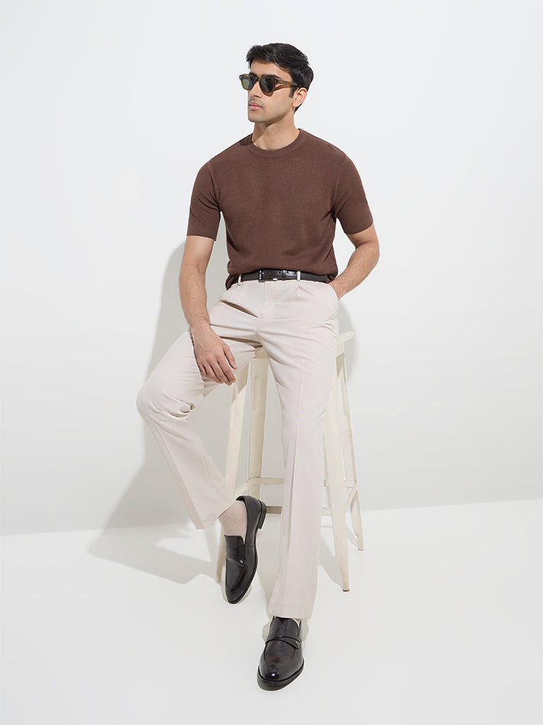 WES Formals Dark Brown Knit-Textured Slim-Fit T-Shirt