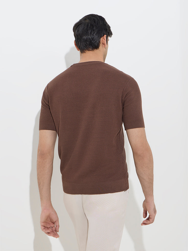 WES Formals Dark Brown Knit-Textured Slim-Fit T-Shirt