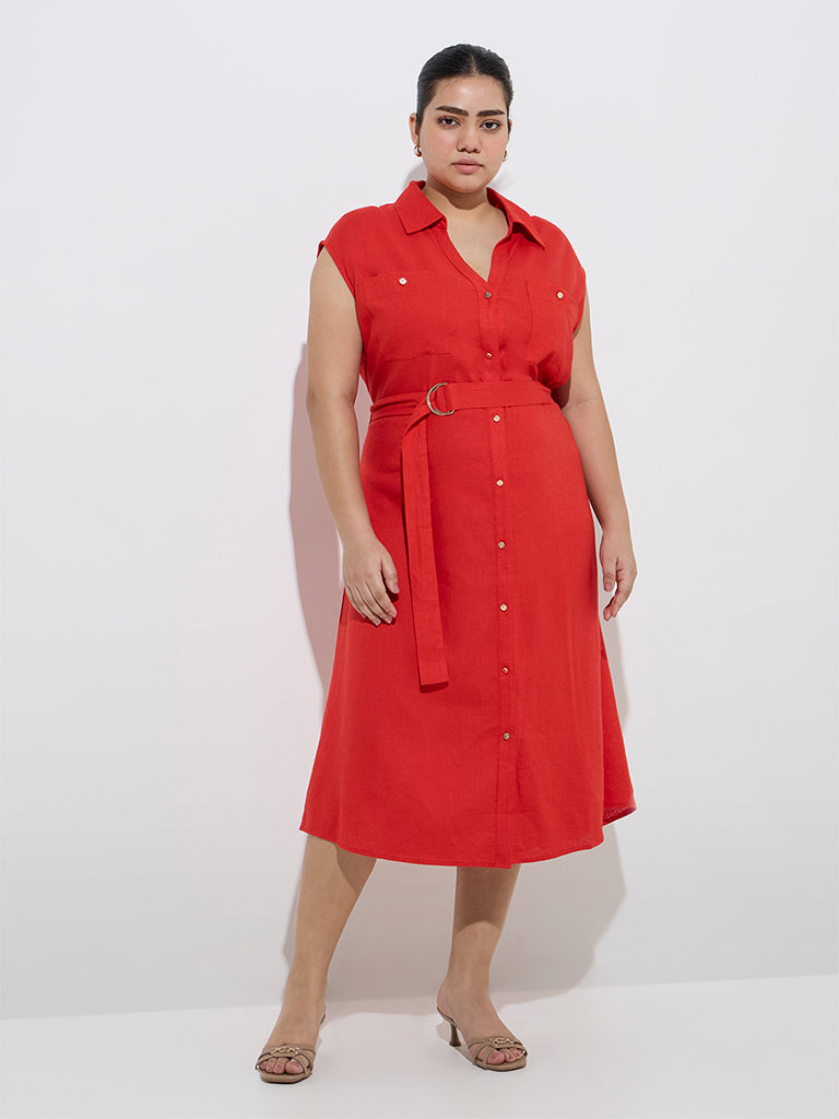 Gia Red Solid Linen-Blend Shirt Dress with Belt