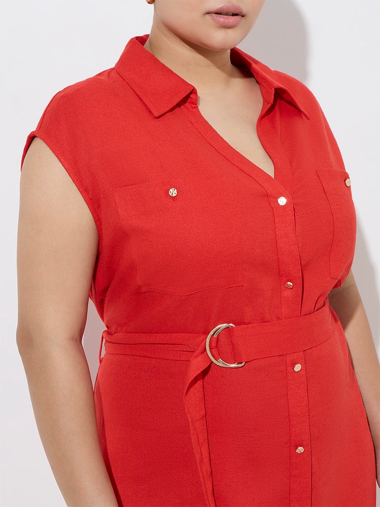 Gia Red Solid Linen-Blend Shirt Dress with Belt