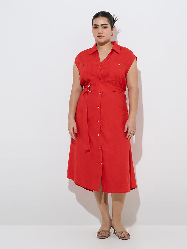 Gia Red Solid Linen-Blend Shirt Dress with Belt