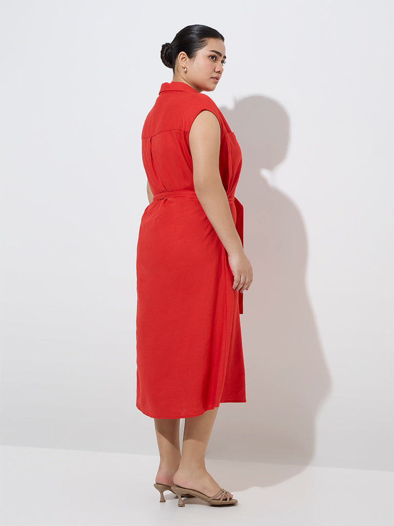 Gia Red Solid Linen-Blend Shirt Dress with Belt