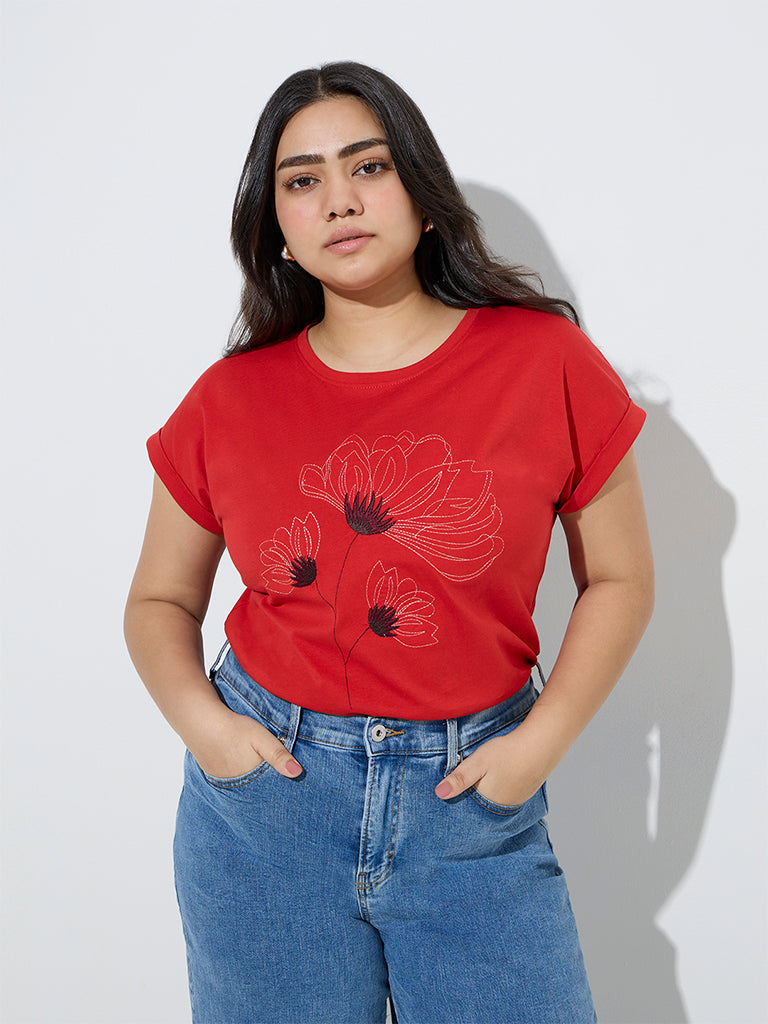 Gia Red Floral Embroidered Cotton T-Shirt