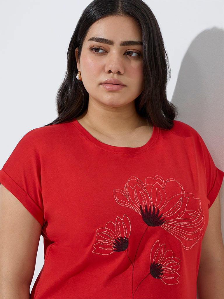 Gia Red Floral Embroidered Cotton T-Shirt