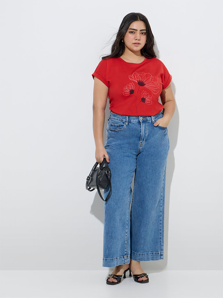 Gia Red Floral Embroidered Cotton T-Shirt