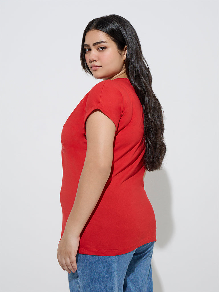 Gia Red Floral Embroidered Cotton T-Shirt