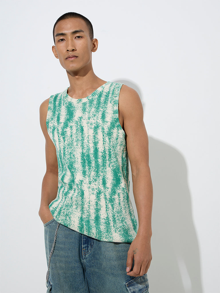 Nuon Green Tie-Dye Design Ribbed Slim-Fit Cotton T-Shirt