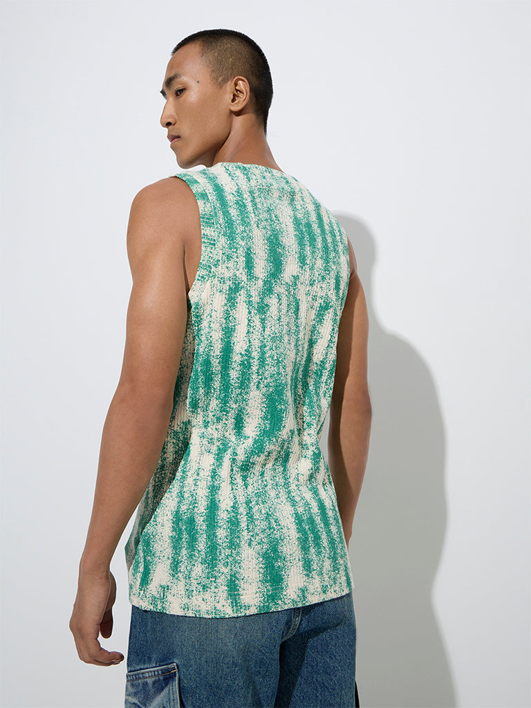 Nuon Green Tie-Dye Design Ribbed Slim-Fit Cotton T-Shirt