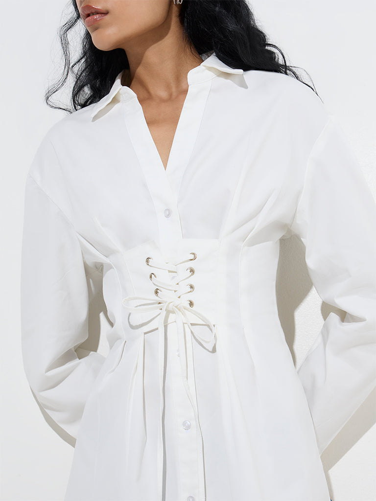 Nuon White Corset-Style Cotton-Blend Shirt Dress