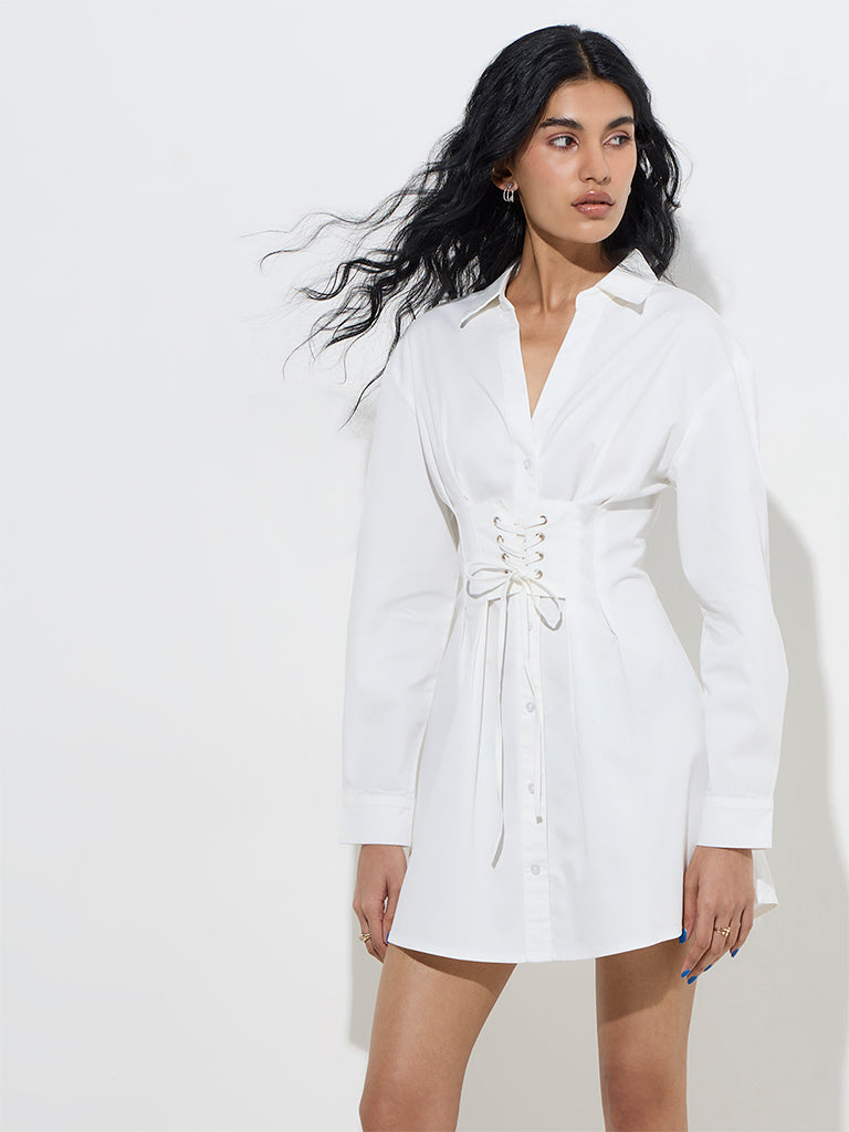 Nuon White Corset-Style Cotton-Blend Shirt Dress