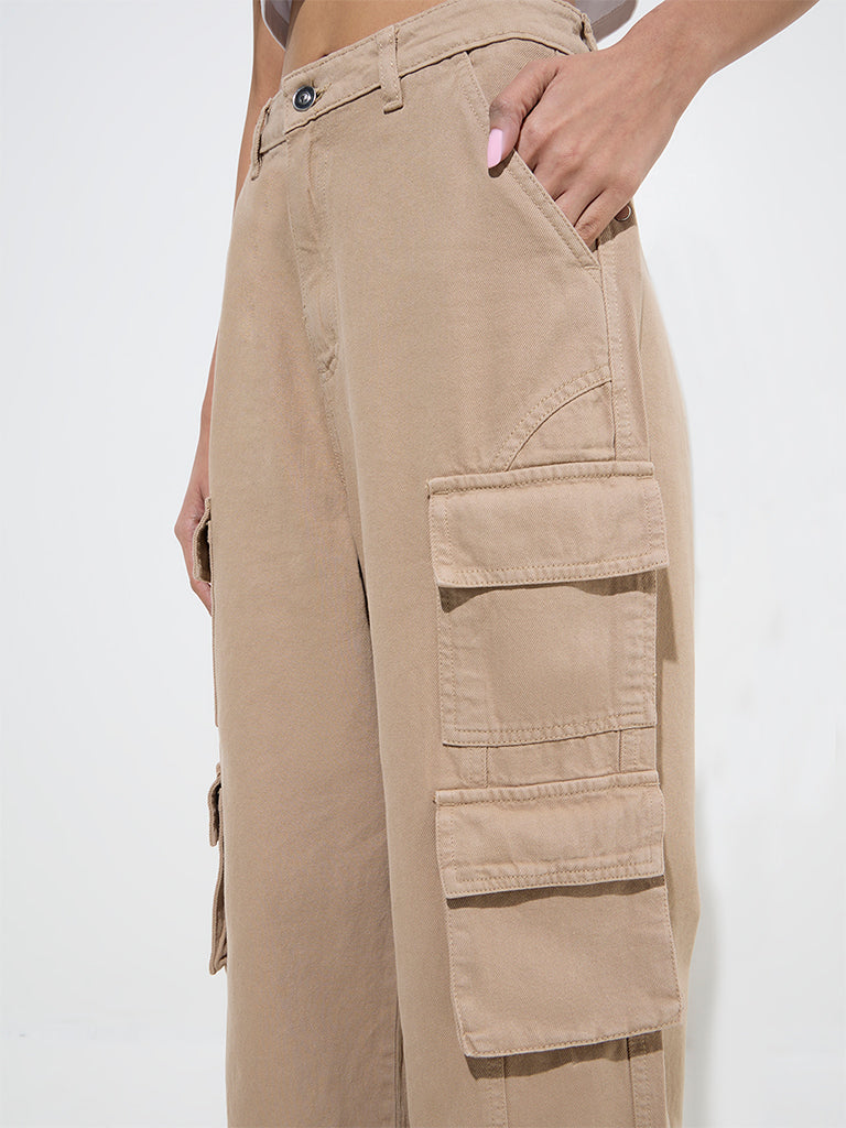 Nuon Beige Cargo-Style Straight - Fit High - Rise Jeans