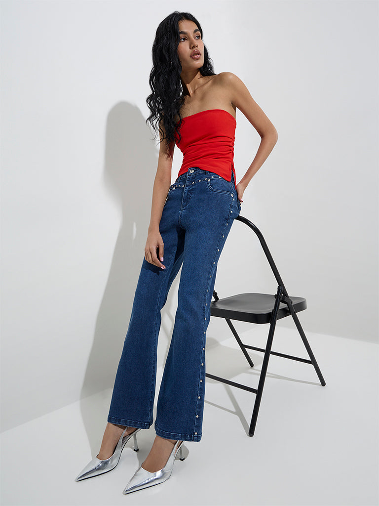 Nuon Blue Stud-Detailed Wide Leg - Fit High - Rise Jeans