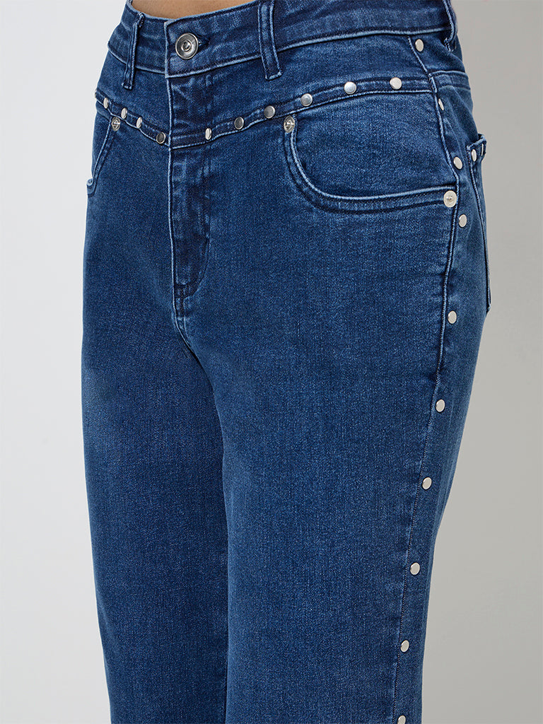 Nuon Blue Stud-Detailed Wide Leg - Fit High - Rise Jeans