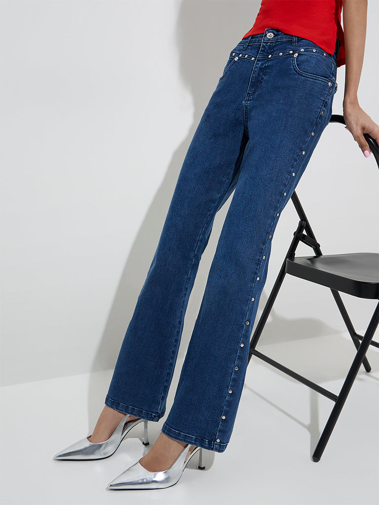 Nuon Blue Stud-Detailed Wide Leg - Fit High - Rise Jeans