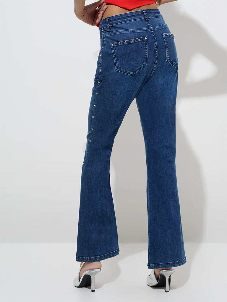 Nuon Blue Stud-Detailed Wide Leg - Fit High - Rise Jeans