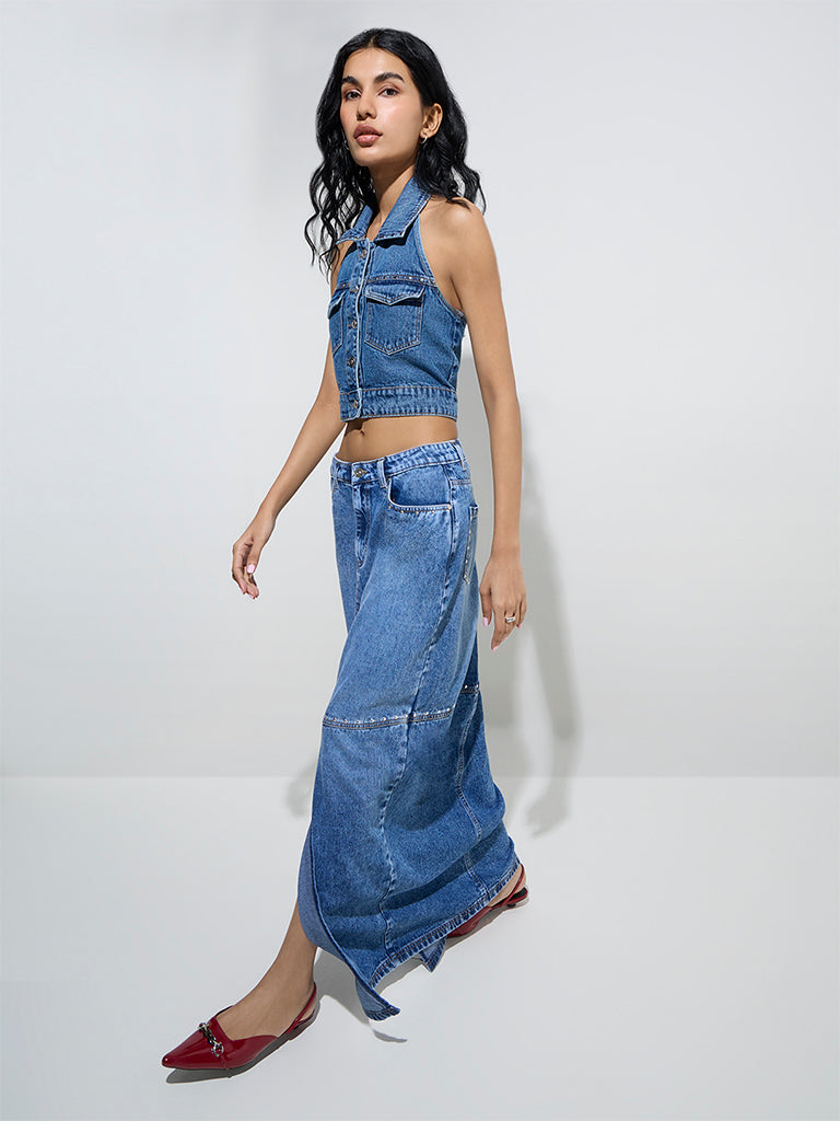 Nuon Blue Slit-Detailed High-Rise Denim Skirt