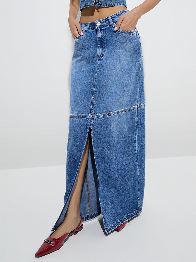 Nuon Blue Slit-Detailed High-Rise Denim Skirt