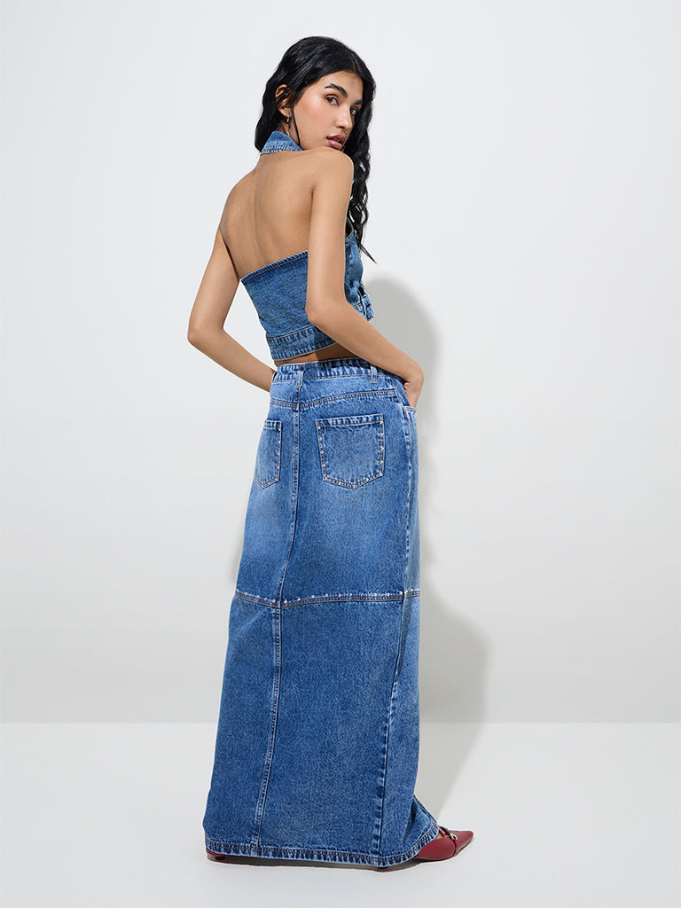 Nuon Blue Slit-Detailed High-Rise Denim Skirt