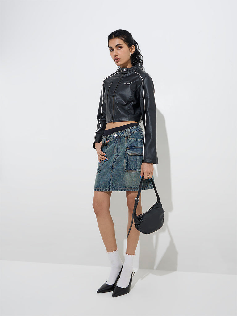 Nuon Dark Blue Washed High-Rise Denim Skirt