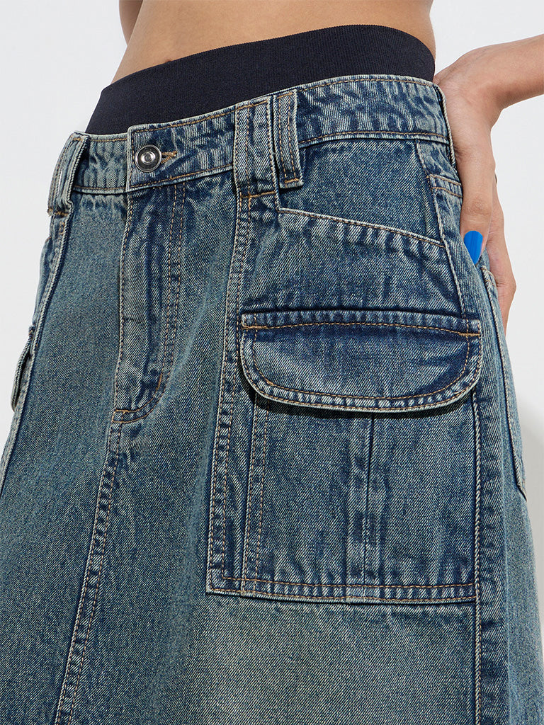 Nuon Dark Blue Washed High-Rise Denim Skirt