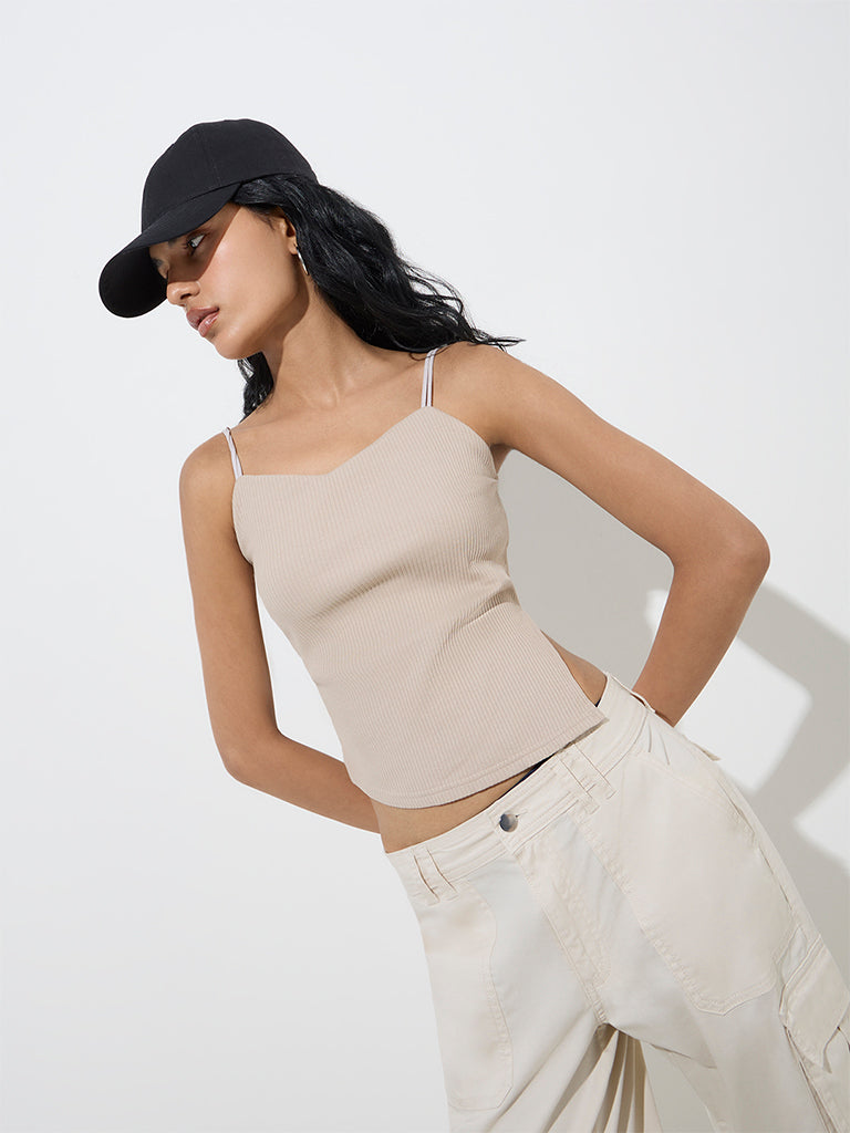 Nuon Beige Ribbed-Textured Cotton-Blend Crop Top