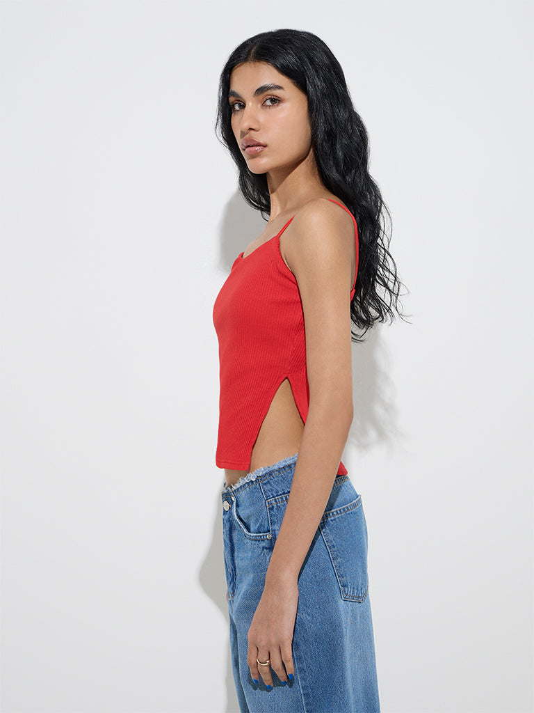 Nuon Red Ribbed-Textured Cotton-Blend Crop Top