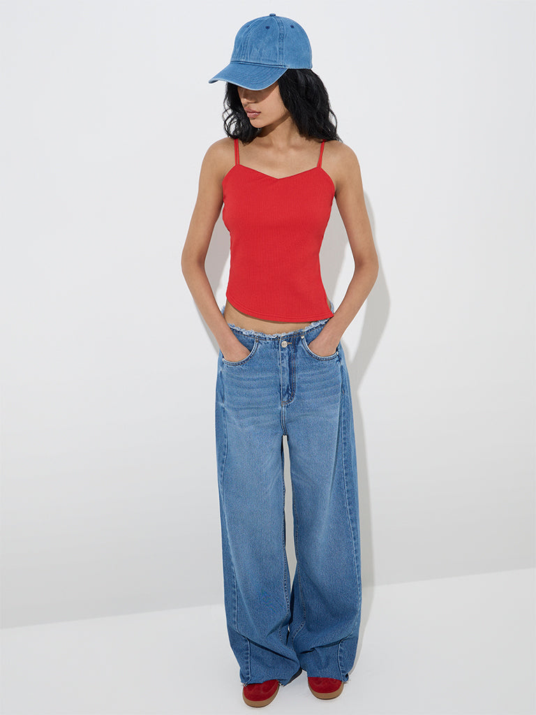 Nuon Red Ribbed-Textured Cotton-Blend Crop Top