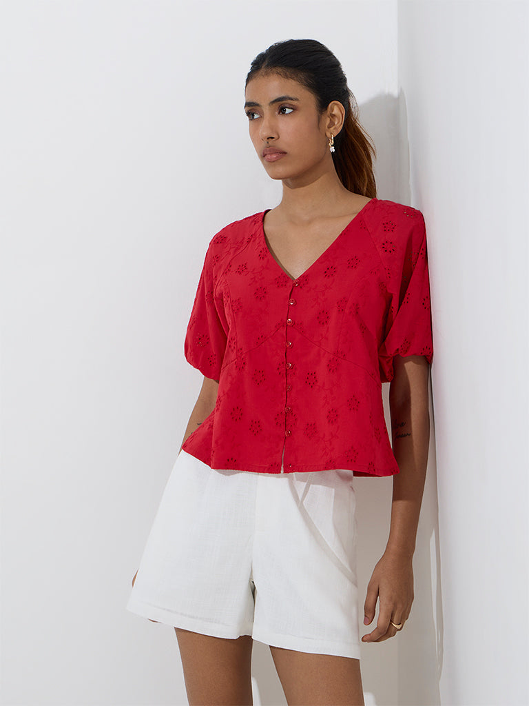 LOV Red Schiffli Design Cotton Top