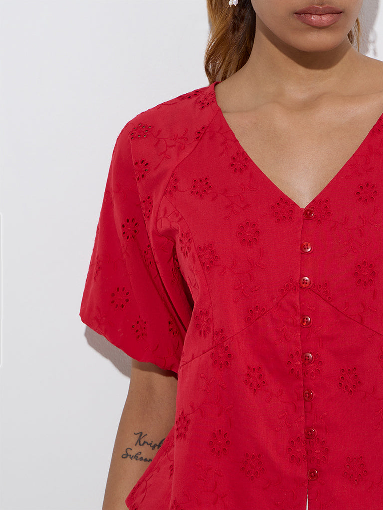 LOV Red Schiffli Design Cotton Top