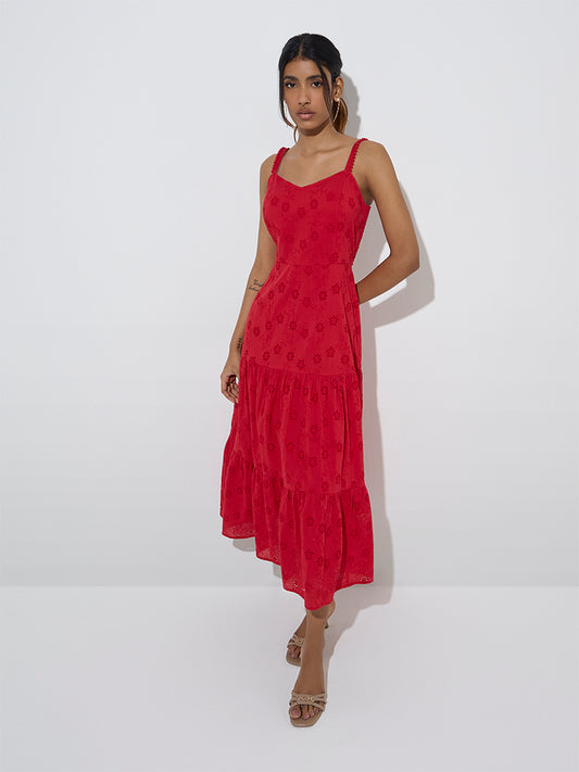 LOV Red Schiffli Design Tiered Cotton Dress