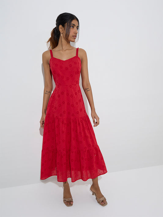 LOV Red Schiffli Design Tiered Cotton Dress