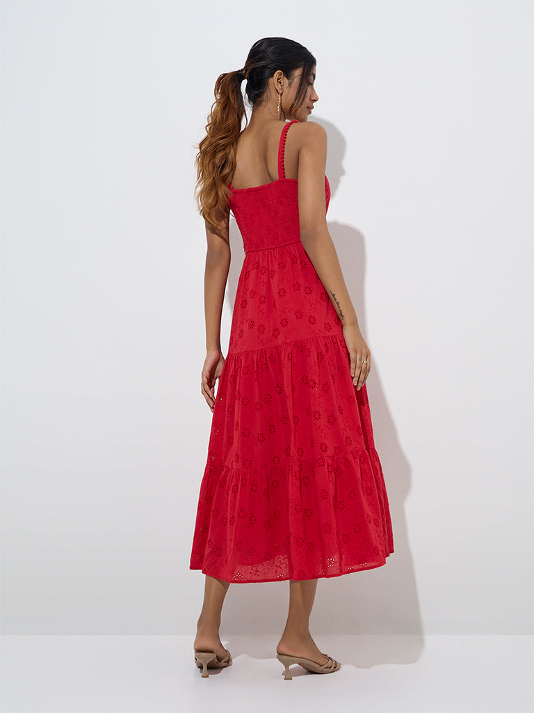 LOV Red Schiffli Design Tiered Cotton Dress