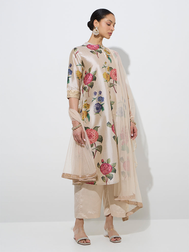 Vark Beige Floral Kurta, Ethnic Pants, and Dupatta Set 