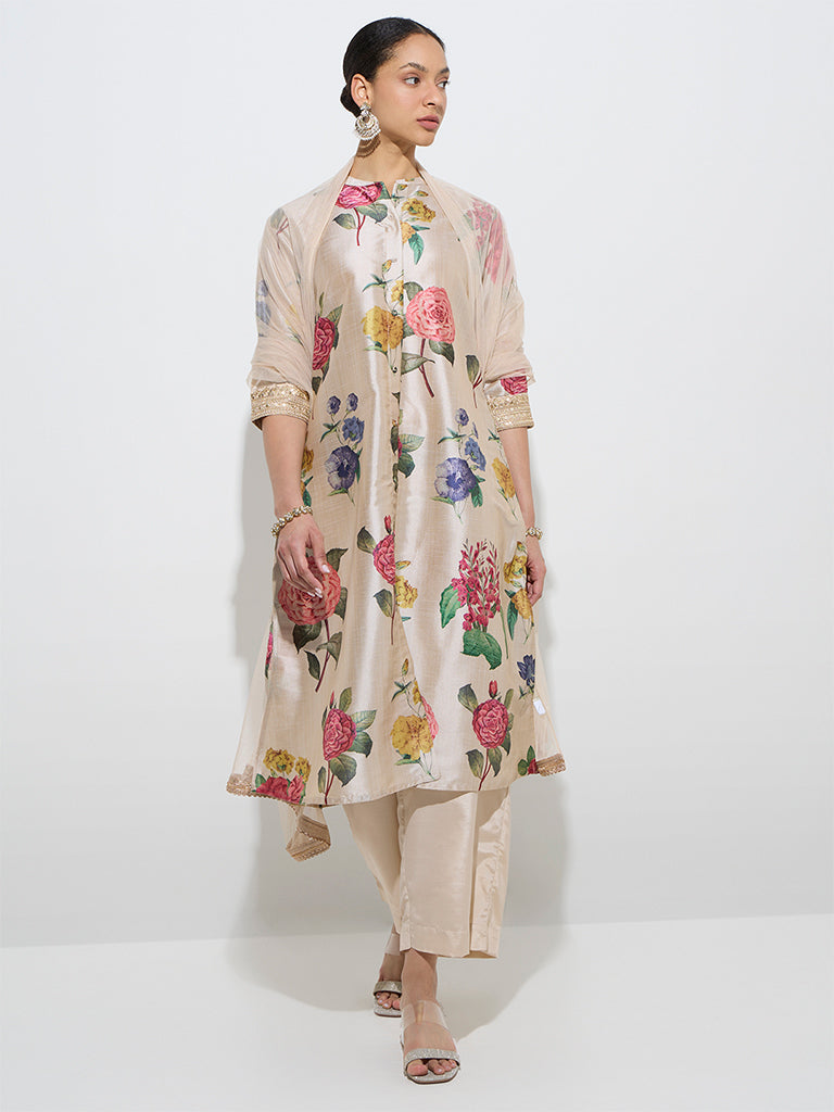 Vark Beige Floral Kurta, Ethnic Pants, and Dupatta Set 