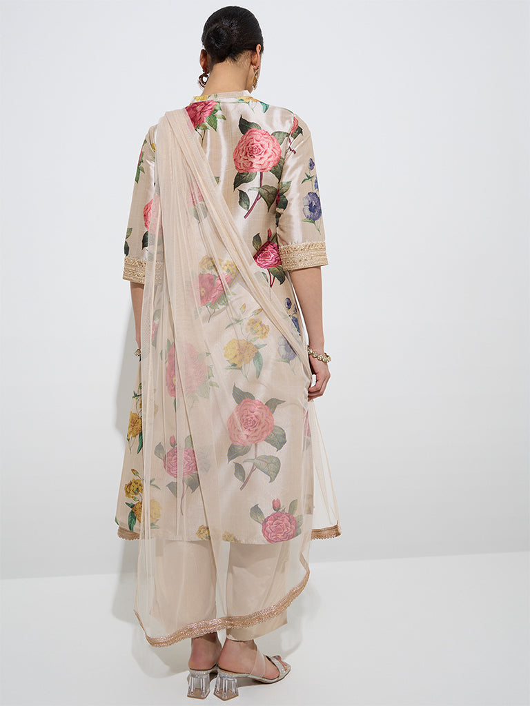 Vark Beige Floral Kurta, Ethnic Pants, and Dupatta Set 