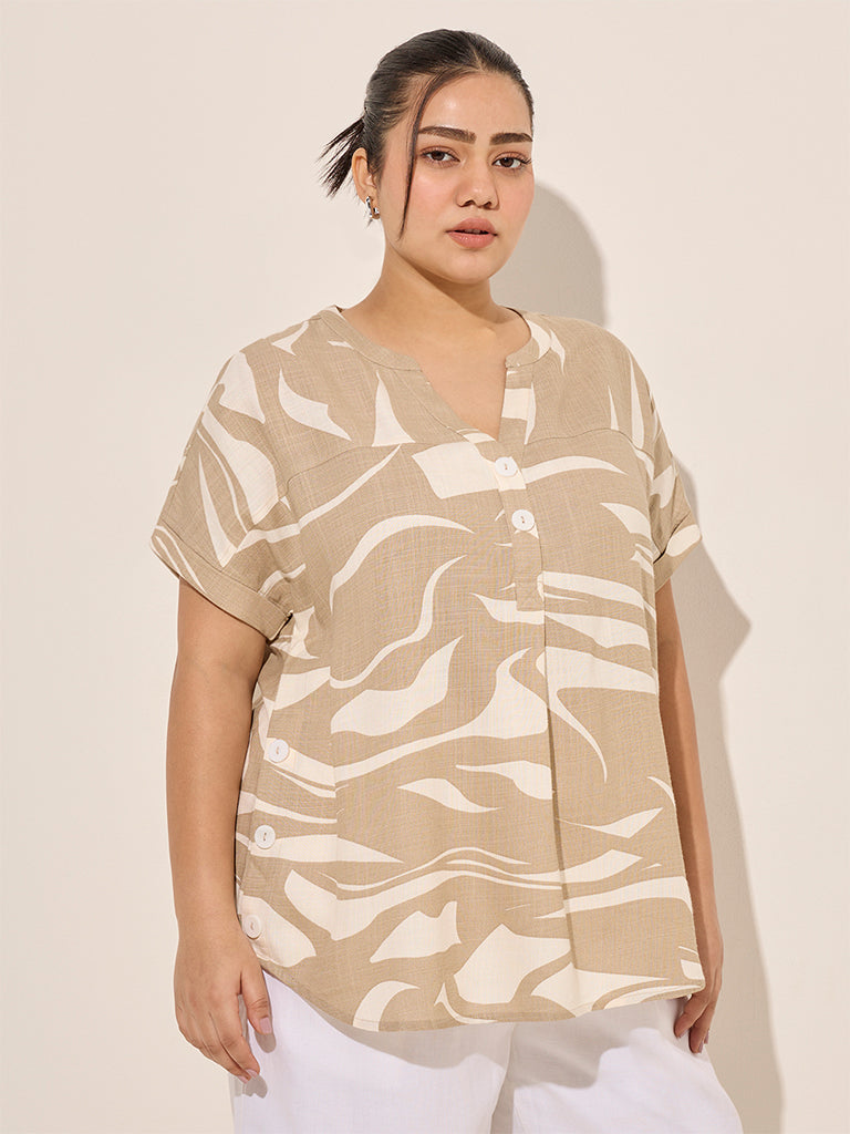 Gia Beige Abstract Printed High-Low Cotton Blouse