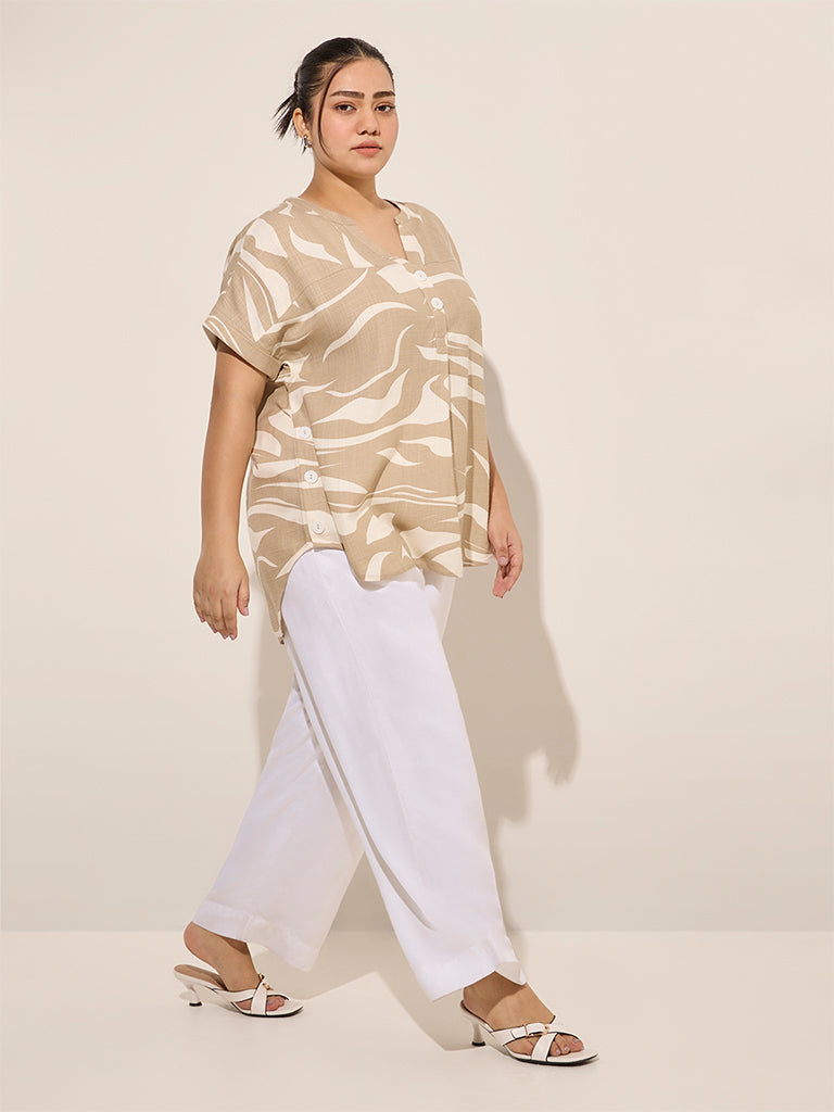 Gia Beige Abstract Printed High-Low Cotton Blouse