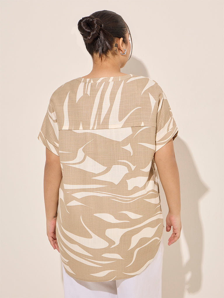 Gia Beige Abstract Printed High-Low Cotton Blouse